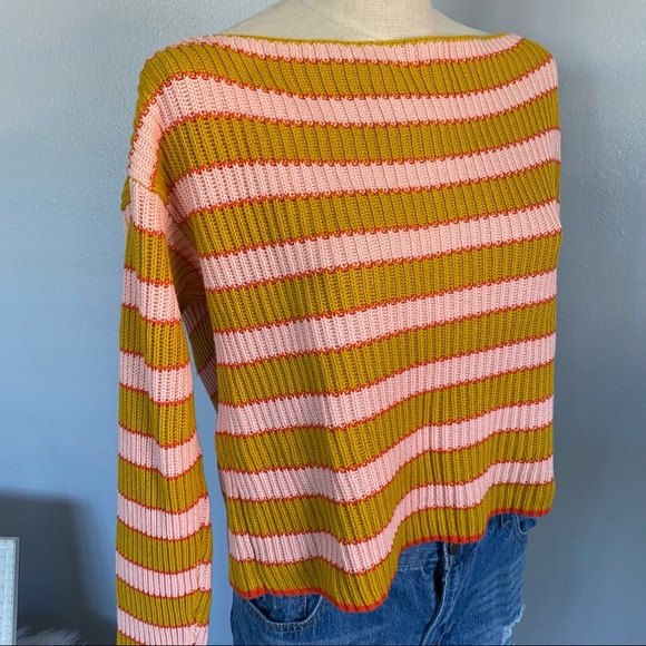 CURIOSITY Mustard Yellow, White & Pink Striped wide neck knit sweater - Picture 3 of 4